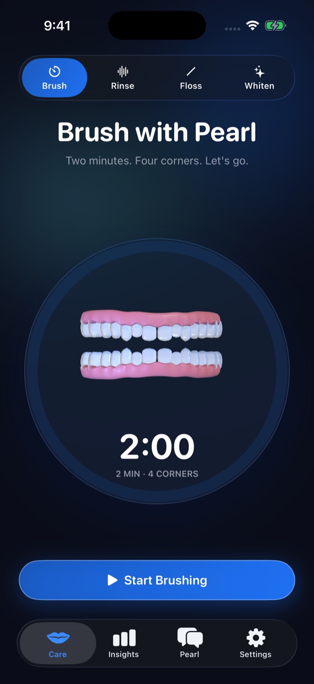 The TeethTalk Brush screen, headed &ldquo;Brush with Pearl&rdquo;, with tabs for Brush, Rinse, Floss and Whiten, a two-minute timer reading 2:00 above the label &ldquo;2 min / 4 corners&rdquo;, and a Start Brushing button.