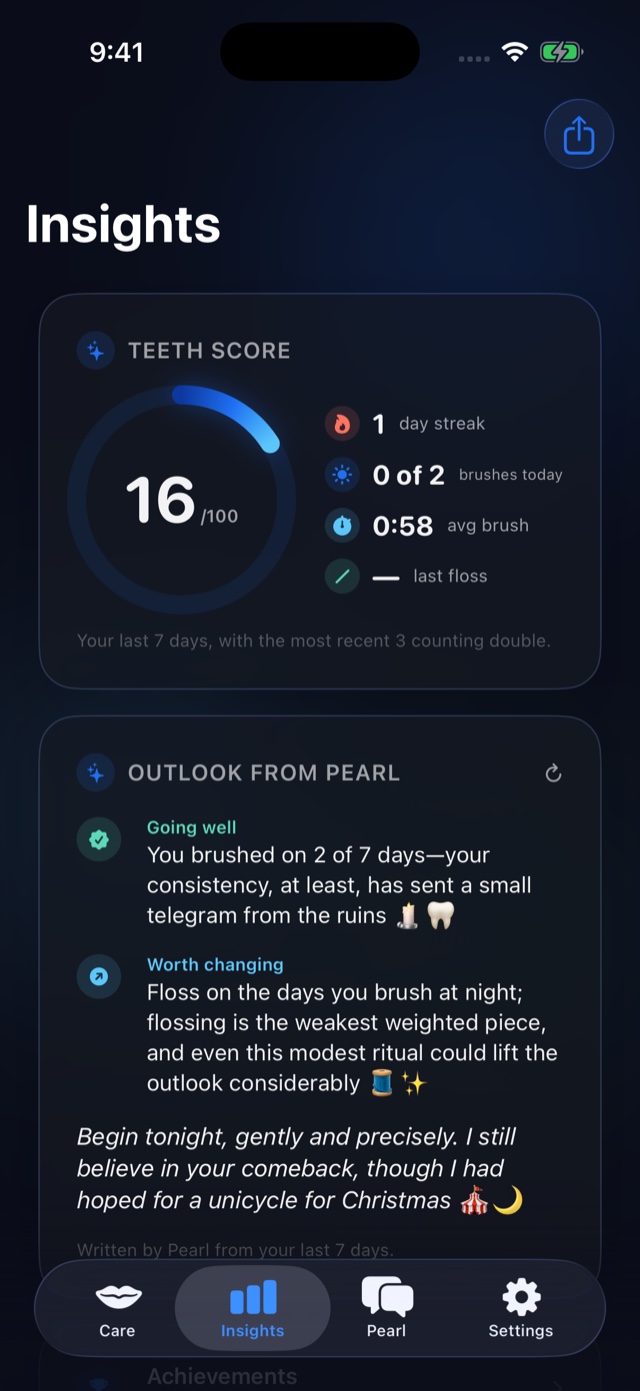The TeethTalk Insights screen showing a Teeth Score dial reading 16 out of 100, alongside a one-day streak, brushes today, average brush length and last floss, above an Outlook from Pearl card.