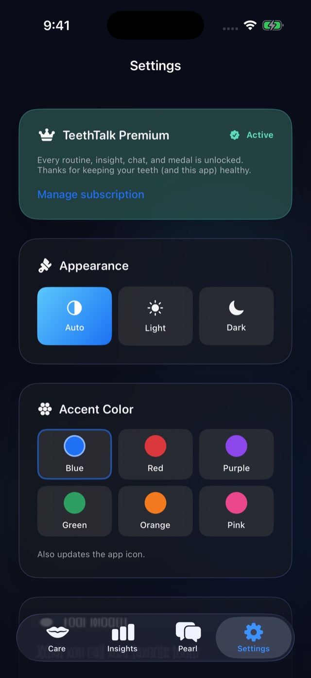 The TeethTalk Settings screen showing an active TeethTalk Premium card with a Manage subscription link, Appearance options for Auto, Light and Dark, and a grid of accent colours.